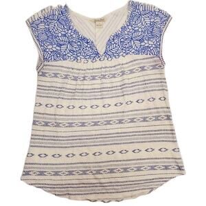 Lucky Brand Top S Embroidered Blue White Cap Sleeve Boho Gypsy Womens Size